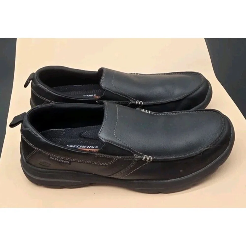 Skechers Harper Forde Shoes Black Leather Relaxed Fit Slip On Loafers Mens Sz 10